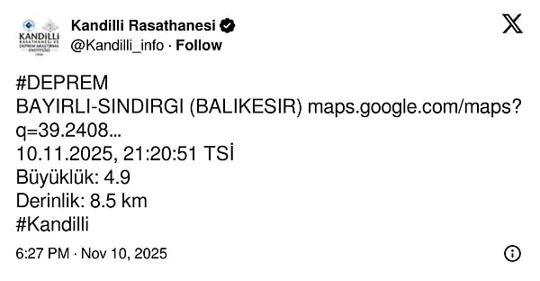 Kandilli Rasathanesi’nin deprem açıklaması 👇