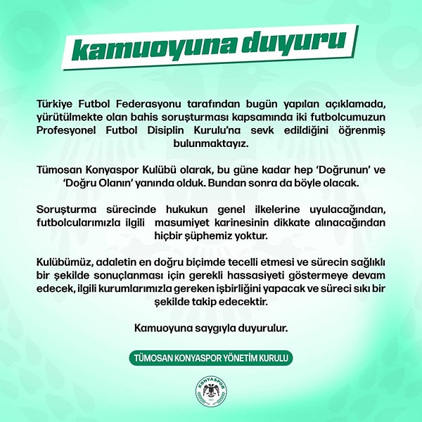 2 futbolcusu PFDK'ya sevk edilen Konyaspor'dan da açıklama geldi. 👇