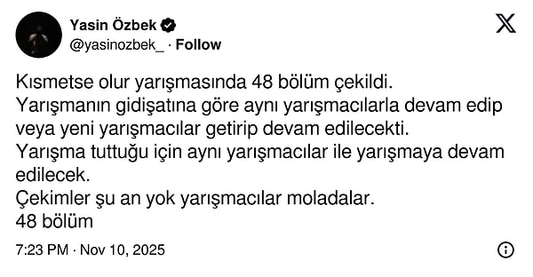 Yasin Özbek, şu an yayınlanan 3. sezonun 48 bölüm çekildiğini ve yarışmacıların çok sevilmesi nedeniyle aynı kadroyla devam edeceğini duyurdu.