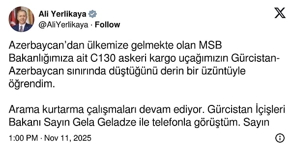 İçişleri Bakanı Ali Yerlikaya ise düşen uçakla ilgili X hesabından duyurdu;