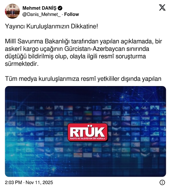 RTÜK Başkanı Mehmet Daniş’ten düşen uçakla ilgili uyarı