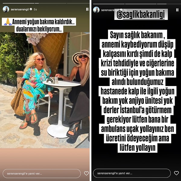 Seren Serengil, annesi Nevin Teoman'ın yoğun bakıma kaldırıldığını duyurdu.
