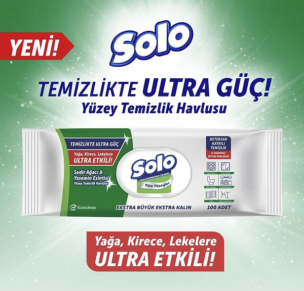 Bugün indirimde olan Solo Yüzey Temizleme Mendili  ile yağ ve kire karşı etkili bir temizlik sağlayabilirsiniz.