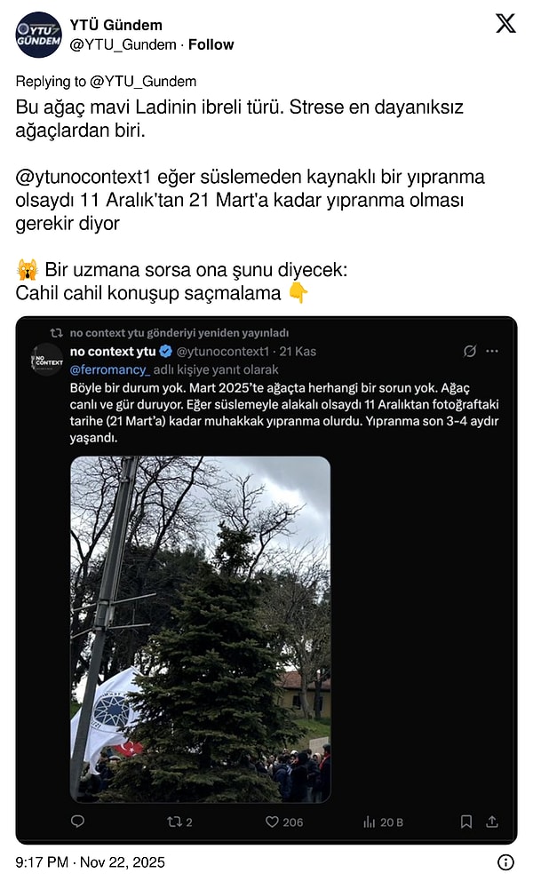 YTÜ Gündem isimli hesap da ağacın teknik olarak hastalandığını söyledi.
