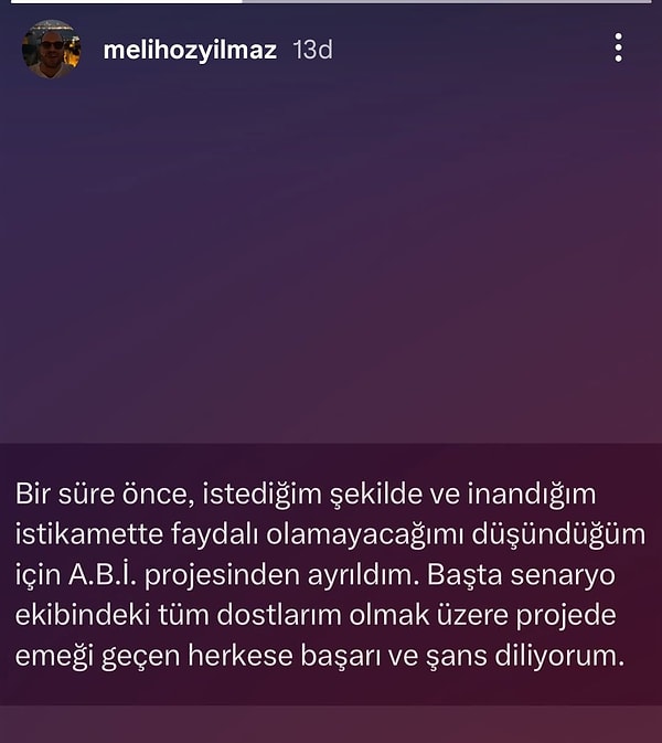 Melih Özyılmaz, Instagram hesabından yaptığı paylaşımda A.B.İ.'den ayrıldığını duyurdu.