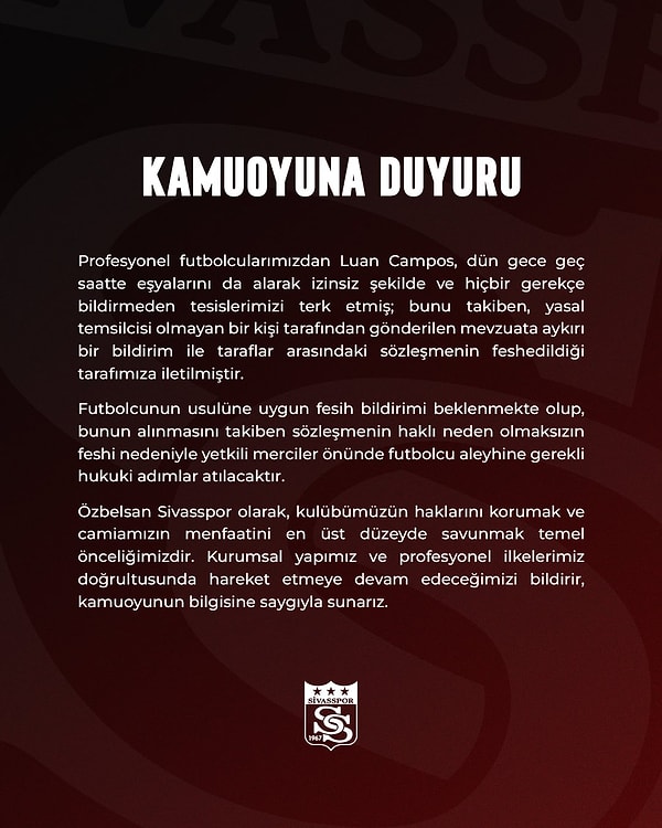 Sivasspor’un açıklaması 👇