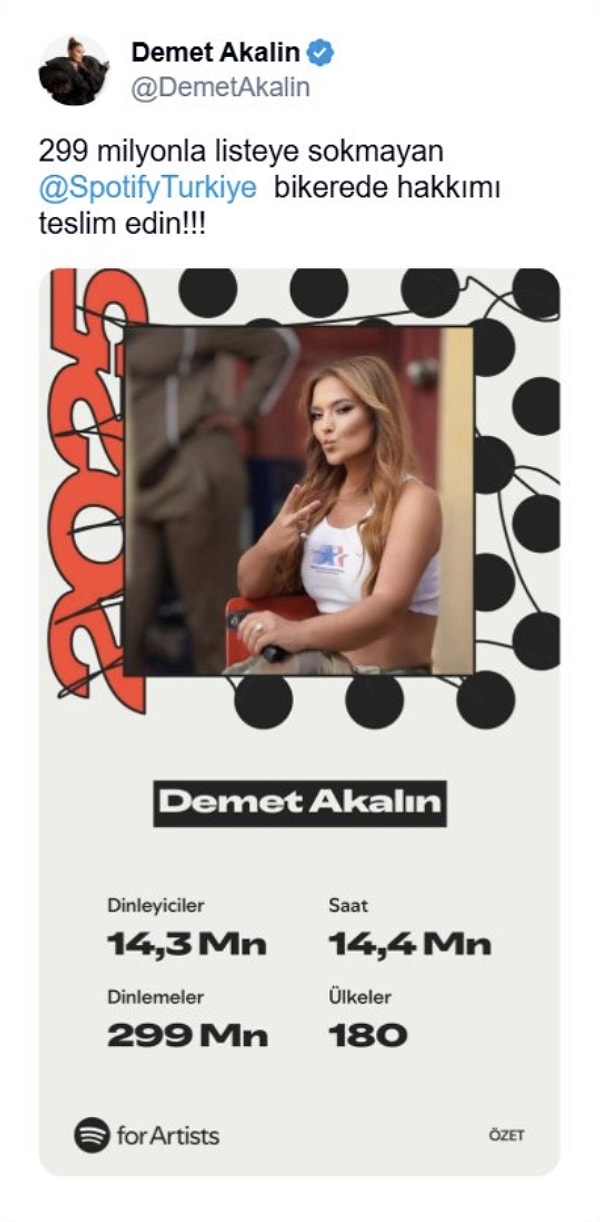 Öte yandan Spotify’da 299 milyon dinlenen Demet Akalın da listeye giremeyenler arasındaydı.