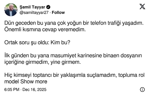 Şamil Tayyar bugün ise bir paylaşım daha yaptı. 👇