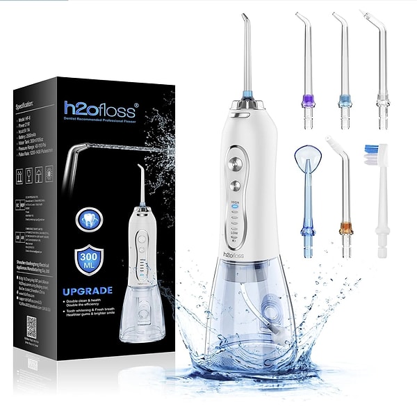 H2ofloss şarjlı kablosuz ağız duşu, diş aralarını ve diş eti çizgisini su basıncıyla etkili şekilde temizleyen taşınabilir bir cihaz.