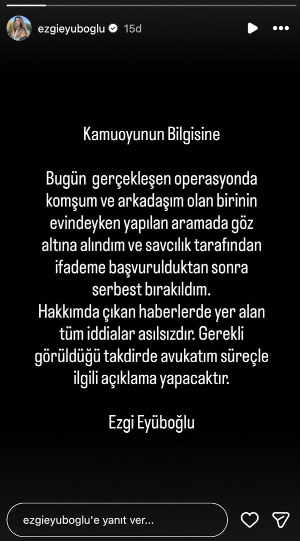 İşte oyuncu Ezgi Eyüboğlu'nun serbest bırakıldıktan sonra ilk açıklaması: