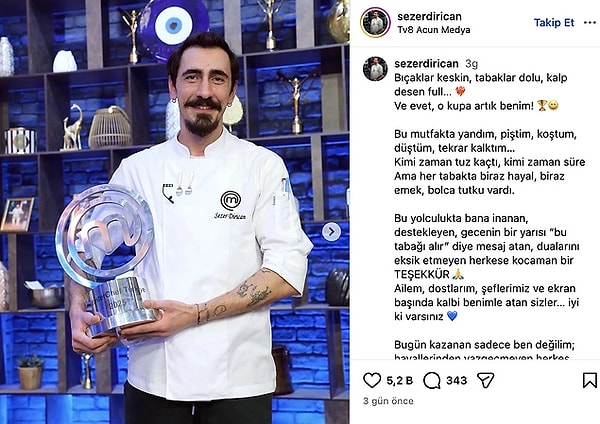 Sezer Dirican, MasterChef Türkiye 2025 şampiyonu oldu. Şampiyon olduktan sonra Sezer'in ilk paylaşımı epey merak ediliyordu. Çiçeği burnunda şampiyon sonunda beklenen galibiyet paylaşımını yaptı.
