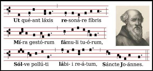 Guido, her dizenin ilk hecesini alarak bugünkü gamın temelini oluşturdu. İşte o orijinal dizeler ve denk gelen notalar:
