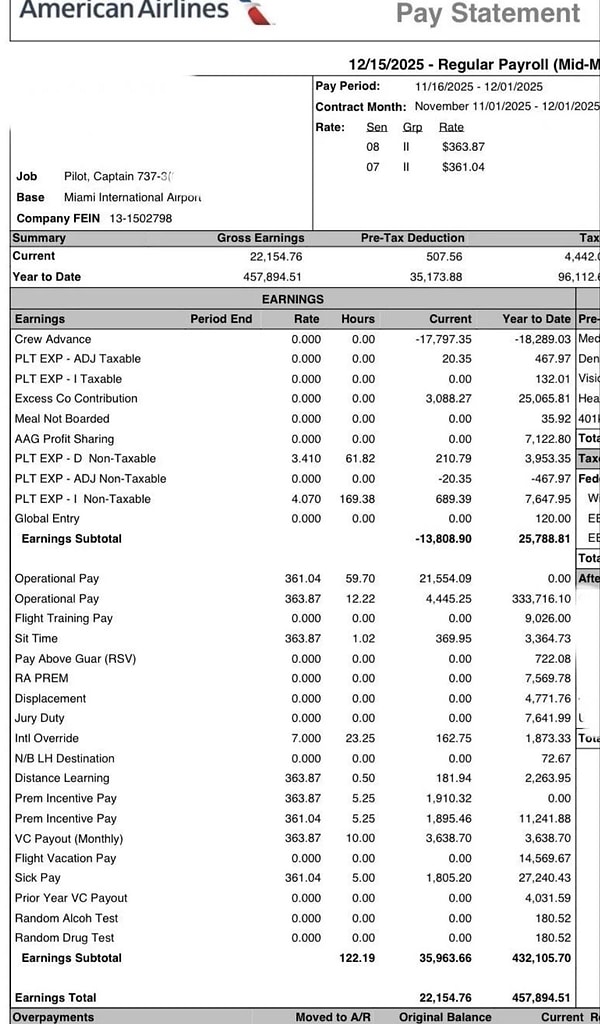 American Airlines pilotunun paylaşımına göre Boeing 737 tipi uçaklarda görev yapan kaptan pilotun kazancı şu şekilde: