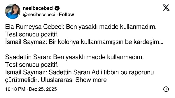 Nesibe Cebeci, İsmail Saymaz'ın Ela Rümeysa Cebeci ile Sadettin Saran'ın çıkan test sonuçlarını farklı üslupla değerlendirmesine tepki gösterdi: