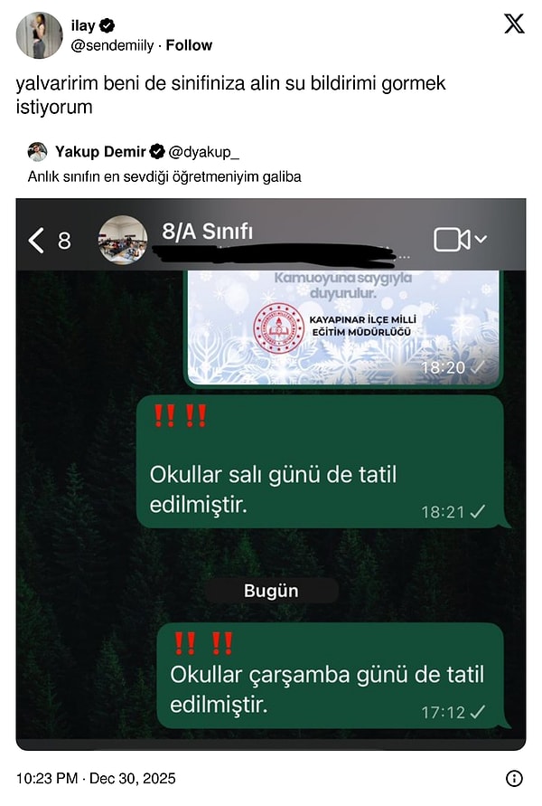 Birçok şehrimizde kar tatili yapılmasıyla okul gruplarında büyük bir sevinç yaşandı.
