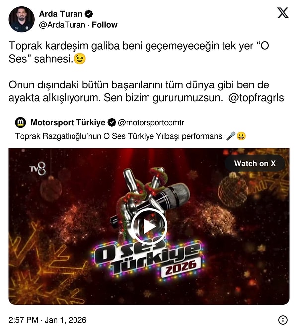 Toprak'ın kendisine benzetildiğini gören Arda Turan, bu performansa sessiz kalmadı.