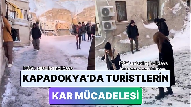 Kışın Ayrı Güzel Olan Kapadokya'yı Ziyaret Eden Turistler Yürürken Verdikleri Mücadeleyi Paylaştı
