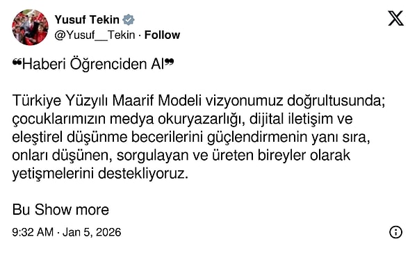 Bakan Yusuf Tekin’in paylaşımı