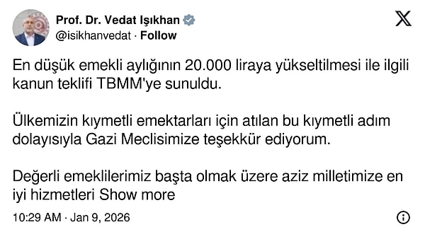 En düşük emekli maaşı 20 bin TL'ye yükseltilecek.