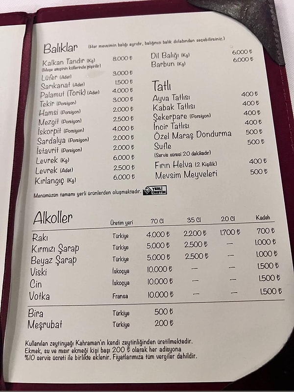 Ünlü restoranın menüsü ve fiyat listesi ortaya çıktı.