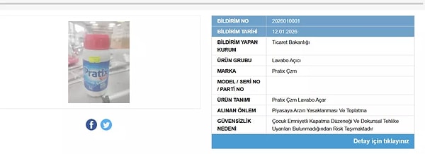 Ticaret Bakanlığı, piyasa denetimleri sonucunda insan sağlığı açısından riskli bulduğu ürünlere karşı yürüttüğü çalışmaları kapsamında bir markanın lavabo açıcısını yasakladı.