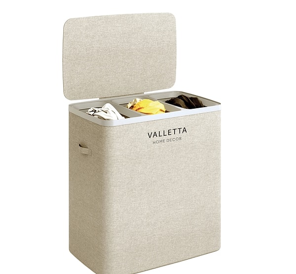 Çamaşır günlerini düzene sokan, 120 litre kapasiteli 3 bölmeli geniş sepet.