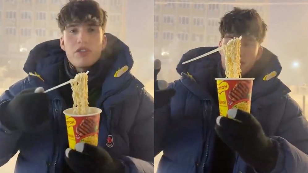 Frozen Feast: Yakutsk Teen Shows Off -42°C Chill With Gravity-Defying Noodle Cup