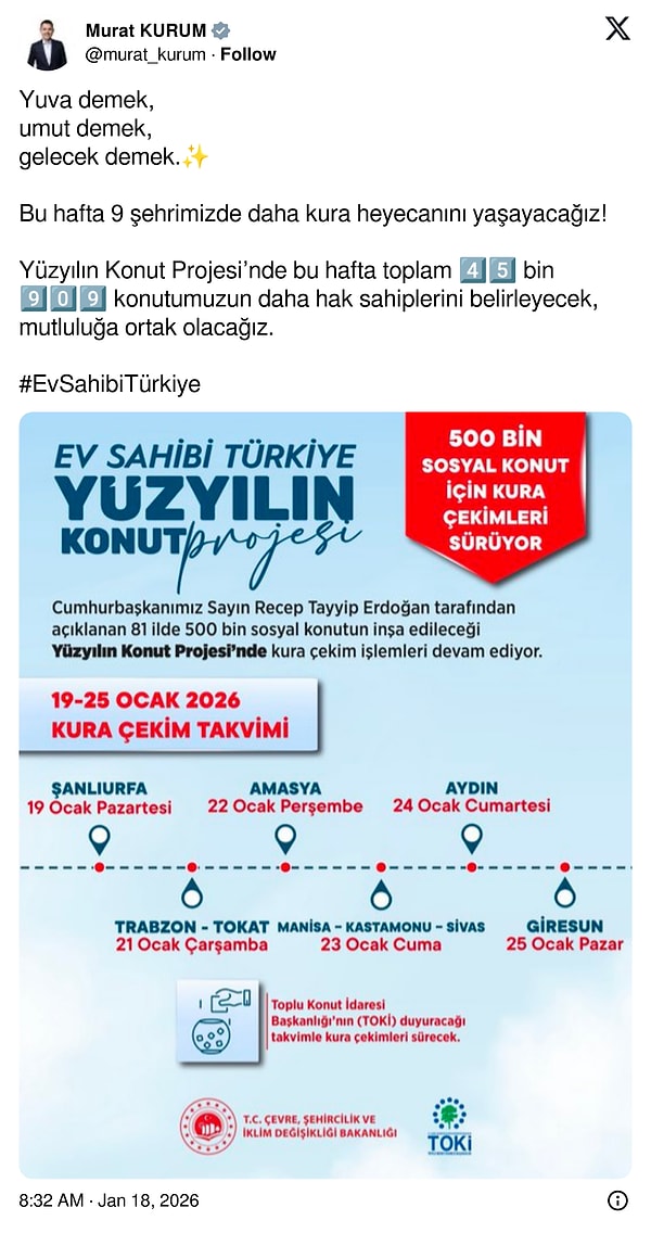 Bakan Murat Kurum'un paylaşımı;