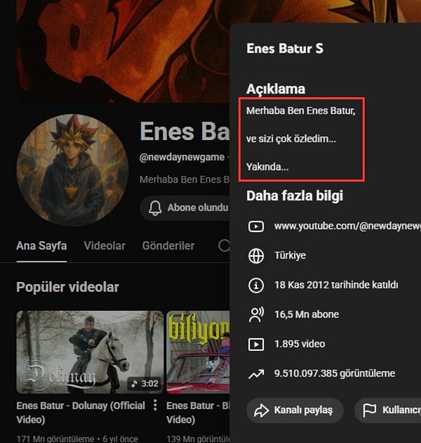 Enes Batur, uzun bir süre sosyal medyada sessiz kaldıktan sonra tekrar ortaya çıktı. Aylar sonra kendi hesabından bir fotoğraf paylaşan Batur'un YouTube hesabındaki değişiklik dikkat çekti.