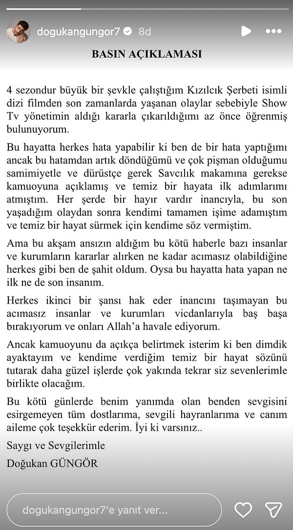 İşte Kızılcık Şerbeti'nden çıkarılan Doğukan Güngör'ün basın açıklaması: