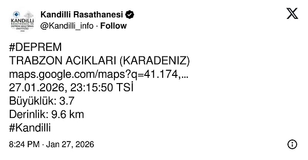 Kandilli Rasathanesi’nin paylaşımı 👇