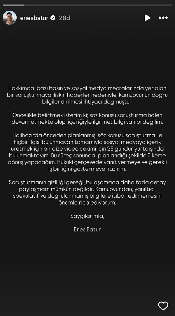 Hakkındaki haberler nedeniyle açıklama yapma gereği duyduğunu belirten Batur, soruşturmanın içeriğine dair net bir bilgisi olmadığını ifade etti.