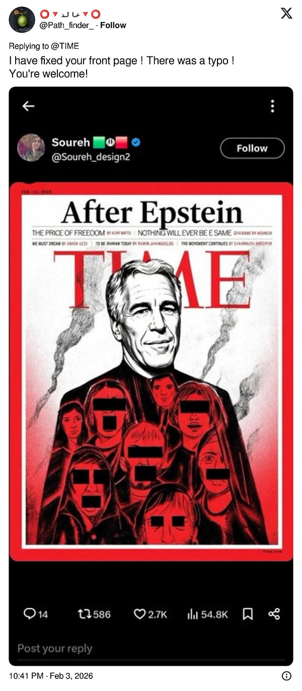 Öte yandan X kullanıcıları Epstein skandalını gündeme getirmediği gerekçesiyle Time dergisine tepki gösterdi👇🏻