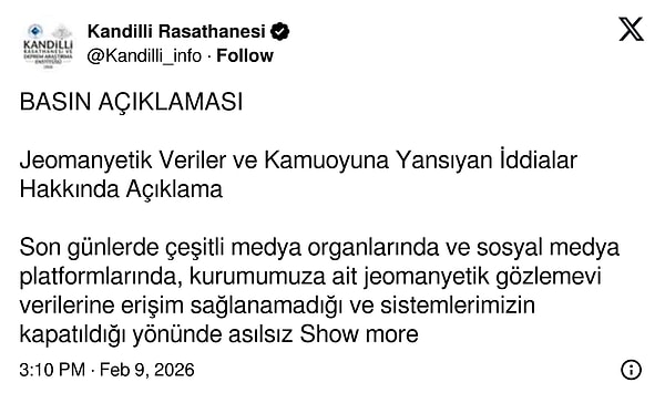 Kandilli Rasathanesi’nin açıklaması 👇