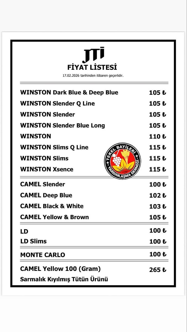 Tekel Bayileri Yardımlaşma Derneği Başkanı Erol Dündar’ın paylaştığı zamlı sigara fiyatları 👇