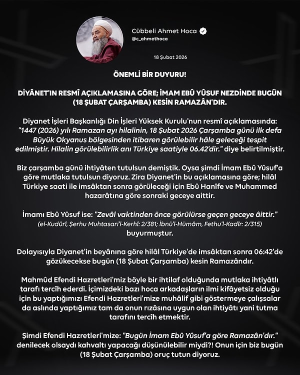 Cübbeli Ahmet’in Ramazan Ayı ile ilgili paylaşımı 👇