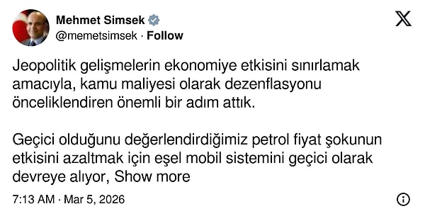 Hazine ve Maliye Bakanı Mehmet Şimşek de eşel mobil sistemiyle ilgili bir açıklama yaptı.