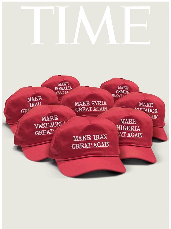 The famous MAGA hats were featured on the cover.