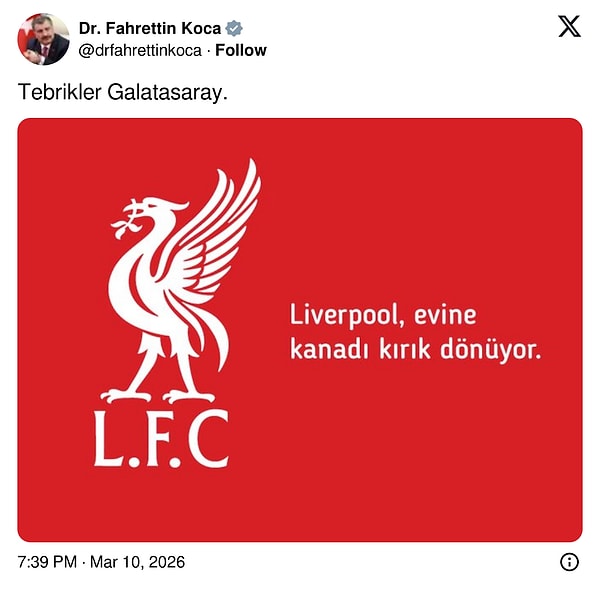 Eski Sağlık Bakanı Fahrettin Koca'nın Galatasaray tebrikleri devam ediyor. 👇