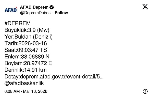 AFAD’ın Denizli’deki deprem paylaşımı 👇