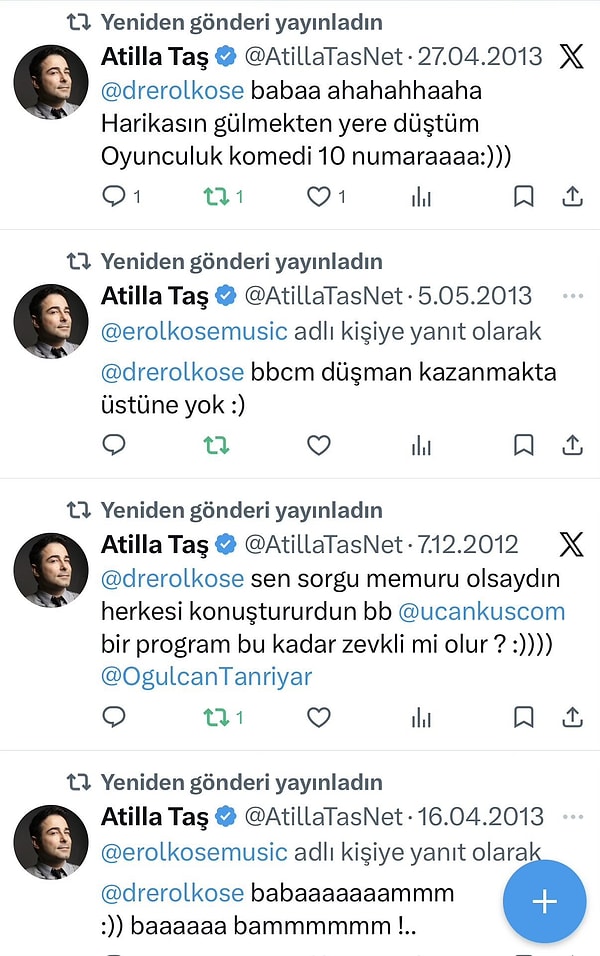 Köse'nin arkasından söylediği sözleriyle gündem olan Atilla Taş'a ait olduğu iddia edilen eski paylaşımlar ise dikkatlerden kaçmadı.