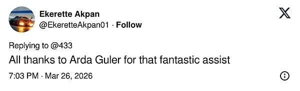 "Bu muhteşem asist için Arda Güler'e çok teşekkürler."