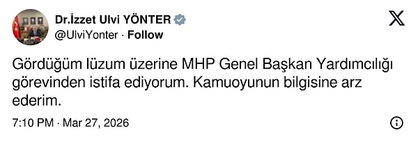 Bu paylaşımdan 12 dakika sonra ise istifa ettiğini açıkladı.