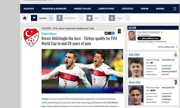 TransferMarkt; Kahraman Kerem Aktürkoğlu! Türkiye, 24 yıllık acıyı bitirdi ve FIFA Dünya Kupası biletini aldı.