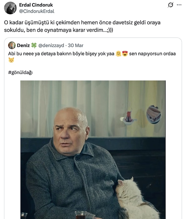 Gönül Dağı'nın Hüseyin'i Erdal Cindoruk, sahnedeki kedinin hikayesini açıkladı.