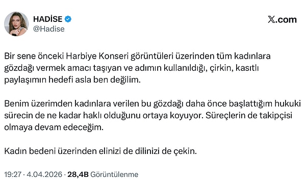Tartışma büyürken Hadise’den de açıklama geldi.