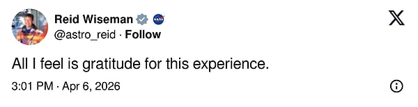 Reid Wiseman, daha sonra bu tweetini alıntıladı ve şöyle yazdı;