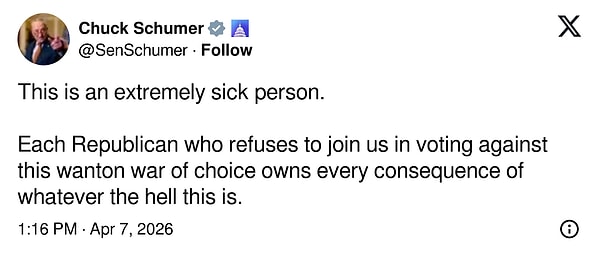 ABD Senatosu Azınlık Lideri Chuck Schumer’in paylaşımı 👇