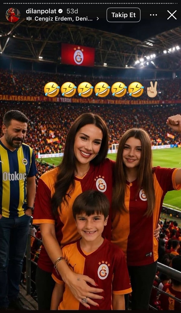 Dilan Polat'ın Galatasaray formasıyla çocuklarıyla birlikte poz verdiği bu paylaşım ve Fenerbahçeli kocasına yaptığı edit dikkat çekti.