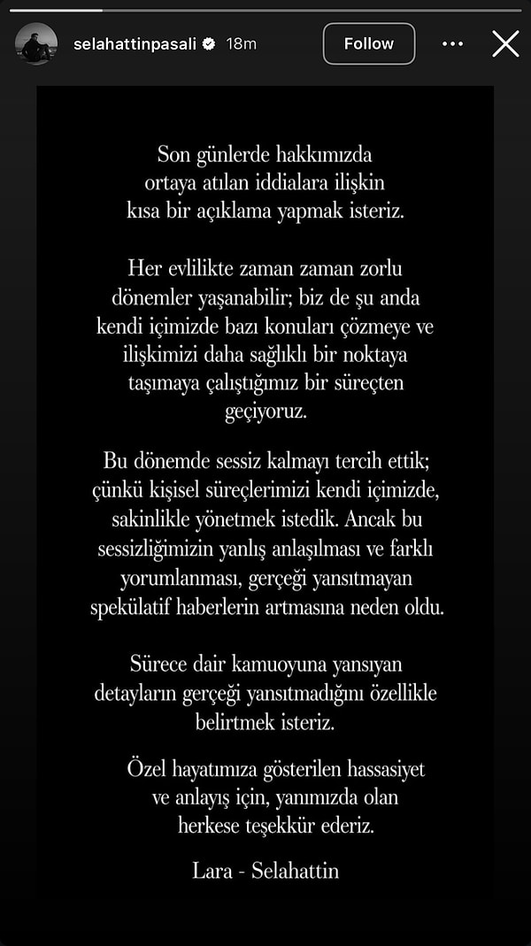 Selahattin ve Lara Paşalı'dan nihayet ortak bir açıklama geldi.